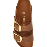 OILED LEATHER COGNAC SLIPPERS WITH LARGE GOLDEN BUCKLES