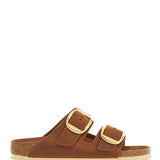 OILED LEATHER COGNAC SLIPPERS WITH LARGE GOLDEN BUCKLES