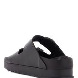 BLACK LEATHER PLATFORM SANDALS WITH TWO STRAPS AND METAL BUCKLES