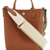 COGNAC LEATHER HANDBAG WITH ADJUSTABLE SHOULDER STRAP, COMPACT AND MINIMALIST