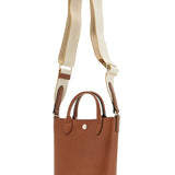 COGNAC LEATHER HANDBAG WITH ADJUSTABLE SHOULDER STRAP, COMPACT AND MINIMALIST