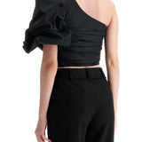 BLACK POLYESTER OFF SHOULDER CROP TOP