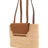 BEIGE WOVEN RAFFIA BAG WITH LEATHER DETAILS