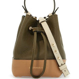 KHAKI AND CARAMEL CALF LEATHER BAG WITH DRAWSTRING CLOSURE AND GOLDEN FINISHES