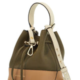 KHAKI AND CARAMEL CALF LEATHER BAG WITH DRAWSTRING CLOSURE AND GOLDEN FINISHES