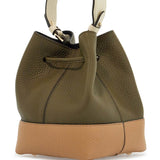 KHAKI AND CARAMEL CALF LEATHER BAG WITH DRAWSTRING CLOSURE AND GOLDEN FINISHES