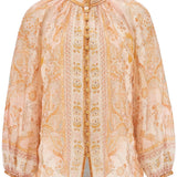 CREAM AND PINK HIGH NECK PAISLEY BLOUSE IN RAYON WITH LONG SLEEVES