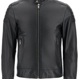 BLACK LEATHER JACKET WITH HIGH COLLAR AND QUILTED DETAILS