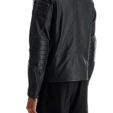 BLACK LEATHER JACKET WITH HIGH COLLAR AND QUILTED DETAILS