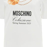 WHITE COTTON T-SHIRT WITH CROISSANT AND PEARLS PRINT