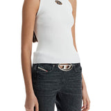 WHITE SLEEVELESS RIBBED VISCOSE TOP WITH METALLIC INSERT