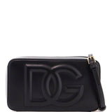 BLACK CALFSKIN SHOULDER BAG WITH EMBOSSED LOGO AND ADJUSTABLE STRAP