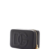 BLACK CALFSKIN SHOULDER BAG WITH EMBOSSED LOGO AND ADJUSTABLE STRAP