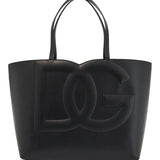 BLACK CALFSKIN SHOPPING BAG WITH EMBOSSED LOGO