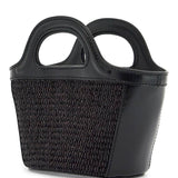 BLACK WOVEN COTTON AND NYLON HANDBAG WITH LEATHER DETAILS AND REMOVABLE SHOULDER STRAP