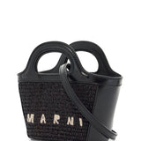 BLACK WOVEN COTTON AND NYLON HANDBAG WITH LEATHER DETAILS AND REMOVABLE SHOULDER STRAP