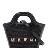 BLACK WOVEN COTTON AND NYLON HANDBAG WITH LEATHER DETAILS AND REMOVABLE SHOULDER STRAP