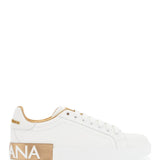 WHITE CALFSKIN LOW-TOP SNEAKERS WITH GOLD DETAILS AND VELCRO CLOSURE