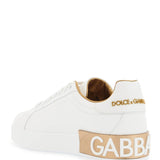 WHITE CALFSKIN LOW-TOP SNEAKERS WITH GOLD DETAILS AND VELCRO CLOSURE