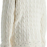 WHITE COTTON SWEATER WITH CABLE KNIT V-NECK