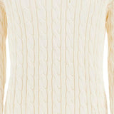 WHITE COTTON SWEATER WITH CABLE KNIT V-NECK