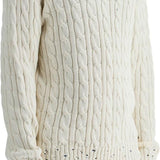 WHITE COTTON SWEATER WITH CABLE KNIT V-NECK