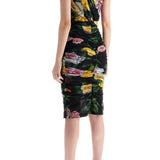 ELEGANT BLACK DRESS IN POLYAMIDE WITH FLORAL PATTERN FOR COCKTAILS AND EVENINGS