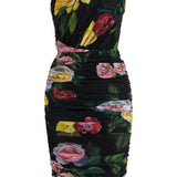 ELEGANT BLACK DRESS IN POLYAMIDE WITH FLORAL PATTERN FOR COCKTAILS AND EVENINGS