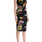 ELEGANT BLACK DRESS IN POLYAMIDE WITH FLORAL PATTERN FOR COCKTAILS AND EVENINGS