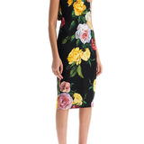 ELEGANT BLACK FLORAL SILK DRESS KNEE-LENGTH