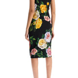 ELEGANT BLACK FLORAL SILK DRESS KNEE-LENGTH