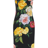 ELEGANT BLACK FLORAL SILK DRESS KNEE-LENGTH