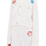 "CROPPED DENIM JACKET WITH FLOWER PATCHES AND EMBROIDERY"