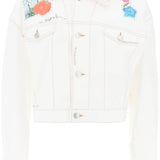 "CROPPED DENIM JACKET WITH FLOWER PATCHES AND EMBROIDERY"