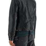 BLACK WAXED LEATHER BIKER JACKET WITH ZIP