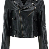 SHINY BLACK SHEEPSKIN BIKER JACKET WITH STURDY ZIP