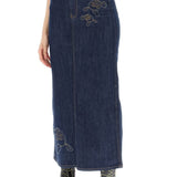 MAXI DENIM SKIRT WITH PINK EMBROIDERY