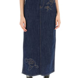 MAXI DENIM SKIRT WITH PINK EMBROIDERY