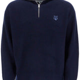 INK BLUE WOOL SWEATER WITH FOX HEAD PATCH AND HALF ZIP