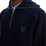 INK BLUE WOOL SWEATER WITH FOX HEAD PATCH AND HALF ZIP