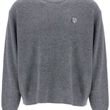 GRAY MÉLANGE WOOL SWEATER WITH EMBROIDERED FOX LOGO