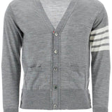 MEN'S CARDIGAN IN PALE GREY MERINO WOOL WITH 4 WHITE STRIPES