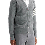 MEN'S CARDIGAN IN PALE GREY MERINO WOOL WITH 4 WHITE STRIPES