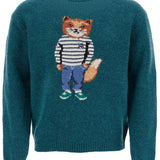 GREEN WOOL SWEATER WITH FOX INTARSIA