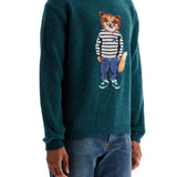 GREEN WOOL SWEATER WITH FOX INTARSIA