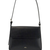 MINIMALIST BLACK LEATHER WOMEN'S BAG WITH SHOULDER STRAP AND FLAP CLOSURE