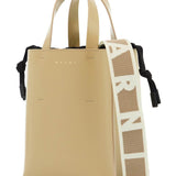 BEIGE LEATHER SHOPPING BAG WITH SHORT HANDLES AND SHOULDER STRAP