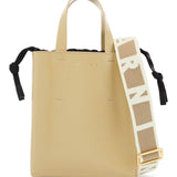 BEIGE LEATHER SHOPPING BAG WITH SHORT HANDLES AND SHOULDER STRAP