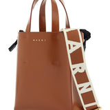 BROWN CALF LEATHER SHOPPING BAG WITH MINIMALIST DESIGN AND SHOULDER STRAP