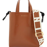 BROWN CALF LEATHER SHOPPING BAG WITH MINIMALIST DESIGN AND SHOULDER STRAP